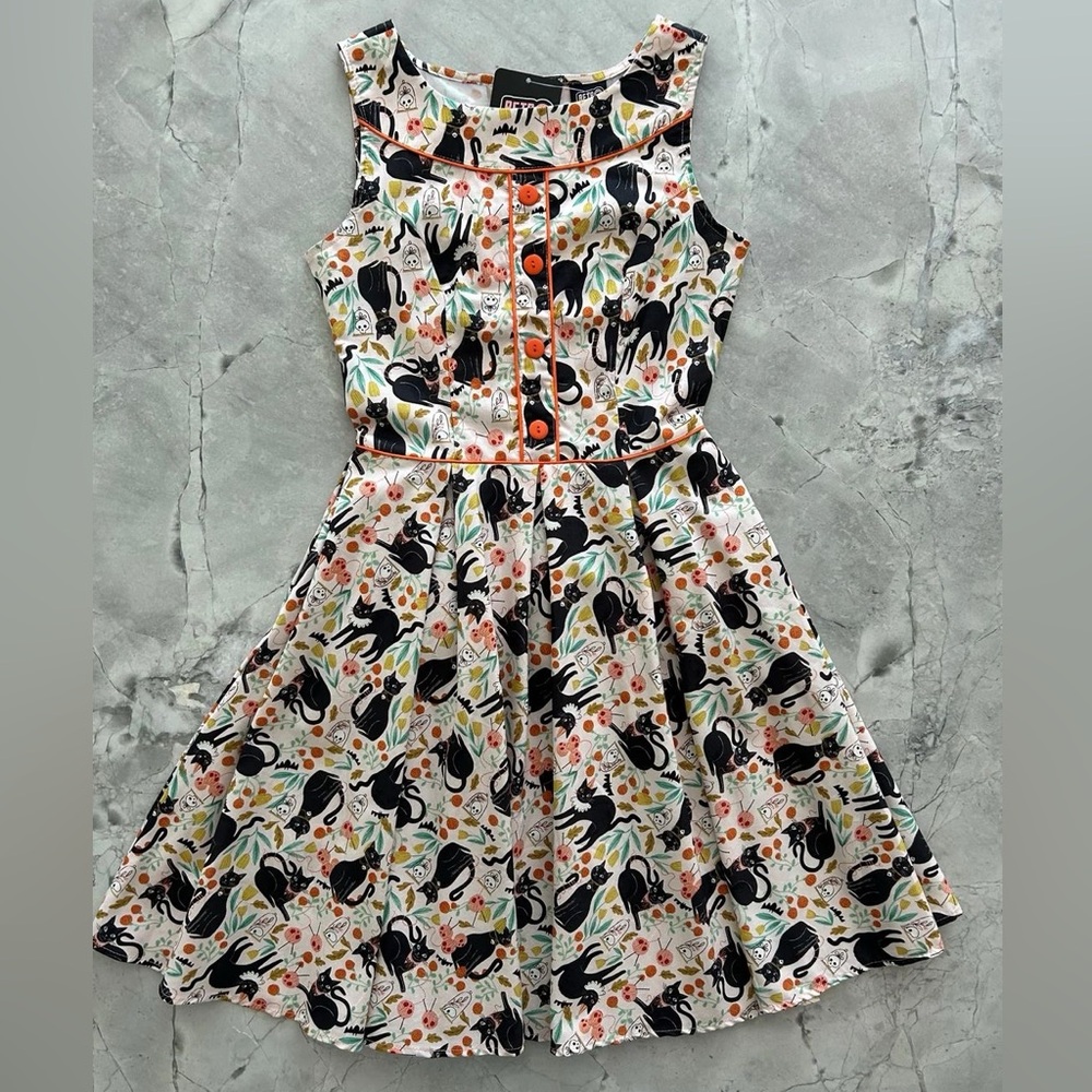 Retrolicious Multicolor Cat Print Midi Dress
